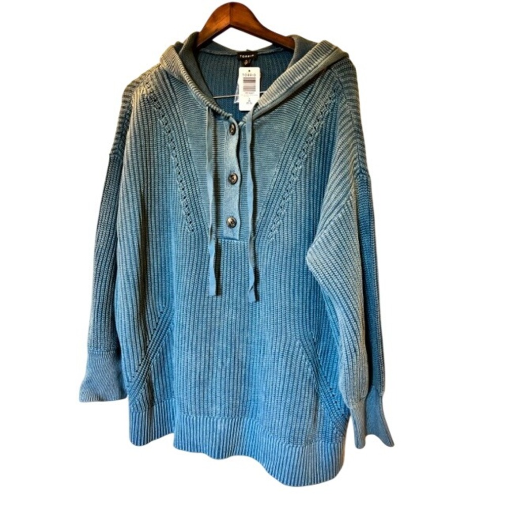 Torrid Blue Wash Henley Hoodie Sweater 3 3X 100% Cotton Shaker Stitch Pullover